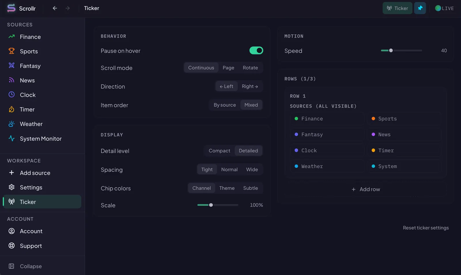 Scrollr ticker settings panel with controls for edge position, scroll speed, row count, and per-row channel assignment.