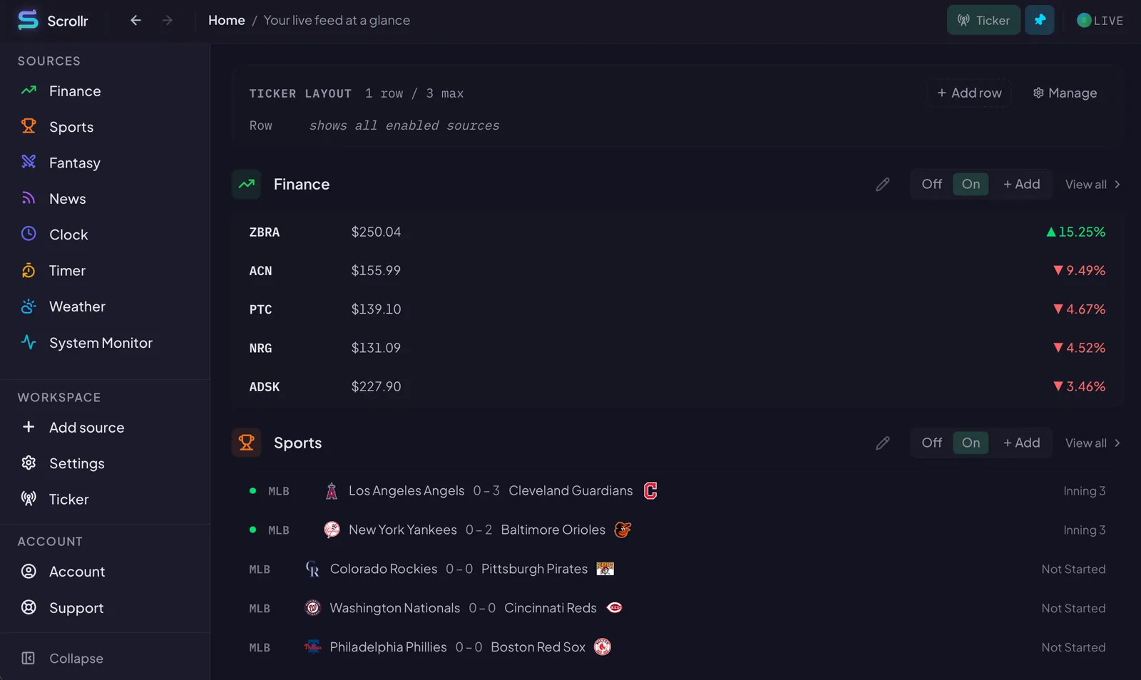 The Scrollr home dashboard showing live channel feeds for scores, prices, and headlines side-by-side.